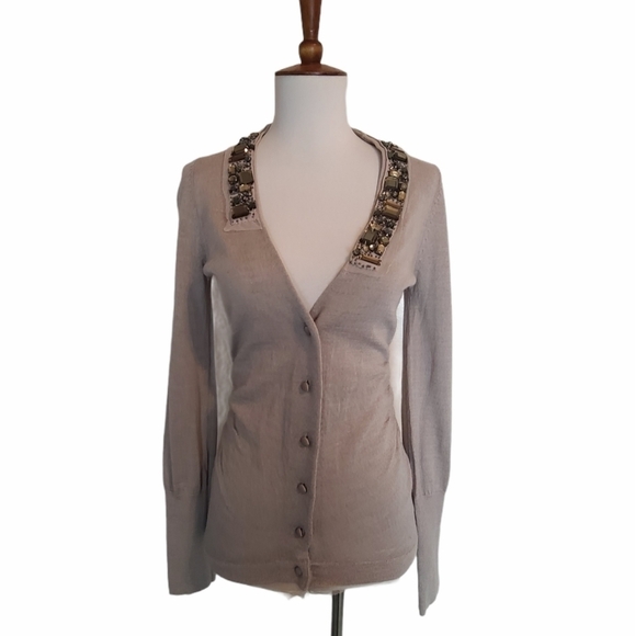 Ann Taylor LOFT Wool Beaded Cardigan 90s Y2K Vibes Light Beige xSmall Preowned - Picture 2 of 9